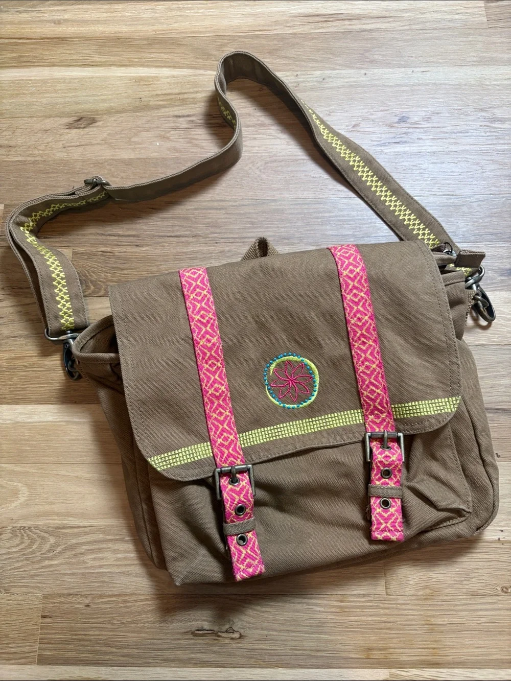 American Girl Brown Canvas Crossbody with Pink Patterned Straps